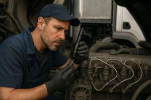 Mechanic inspecting diesel fuel injectors